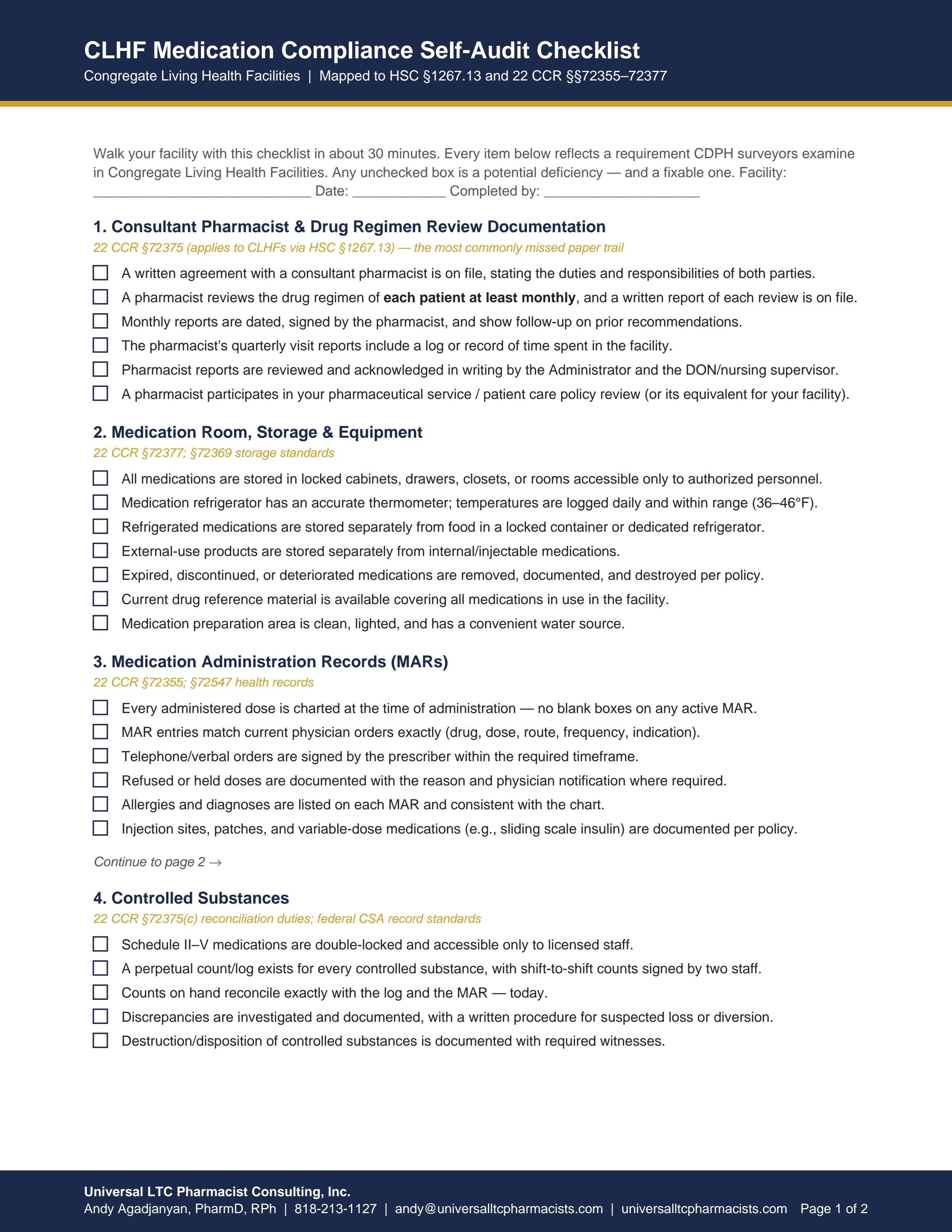 Cover page of the CLHF Medication Compliance Self-Audit Checklist