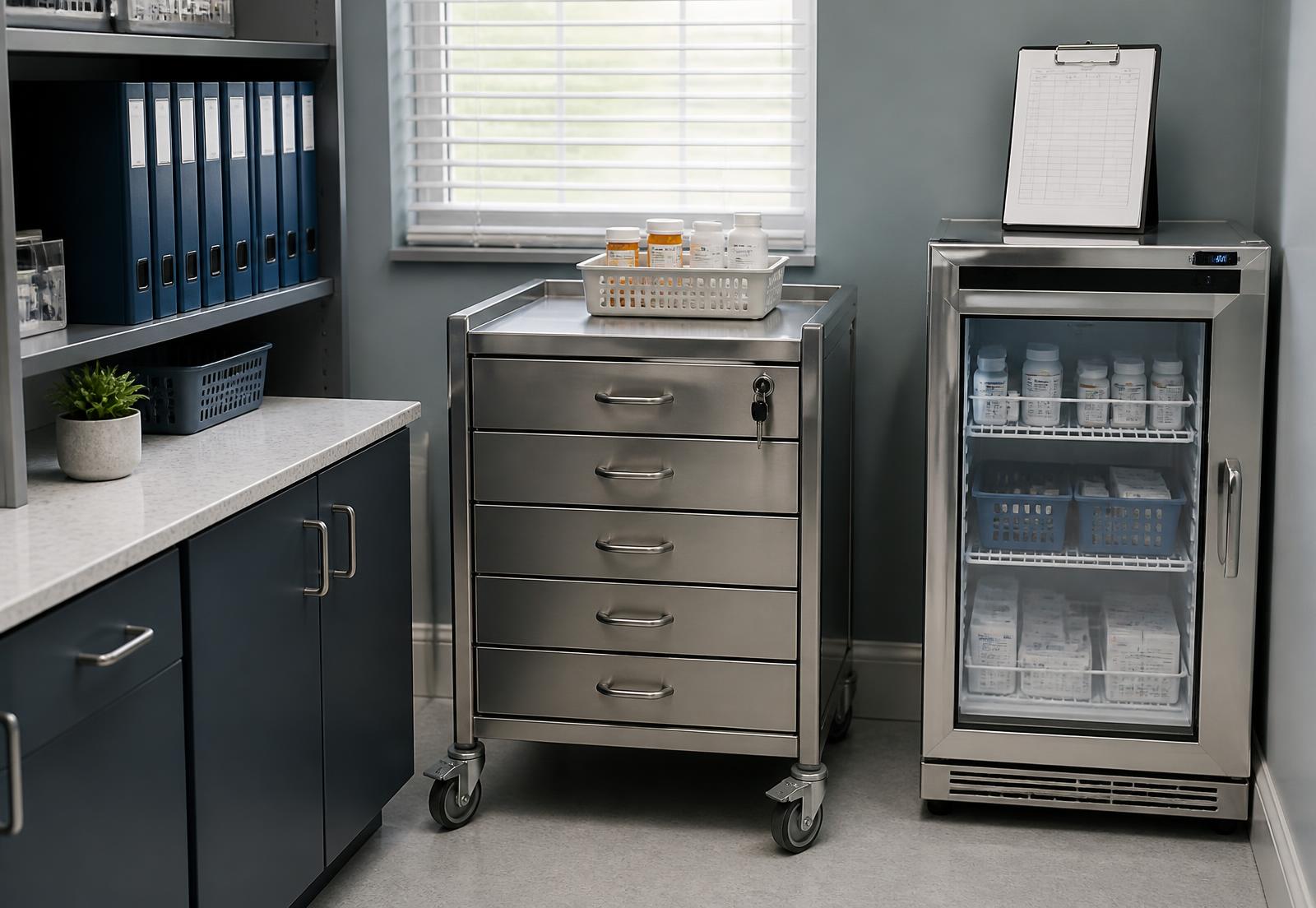 Organized medication room with locked medication cart, MAR binders, and a temperature-logged medication refrigerator